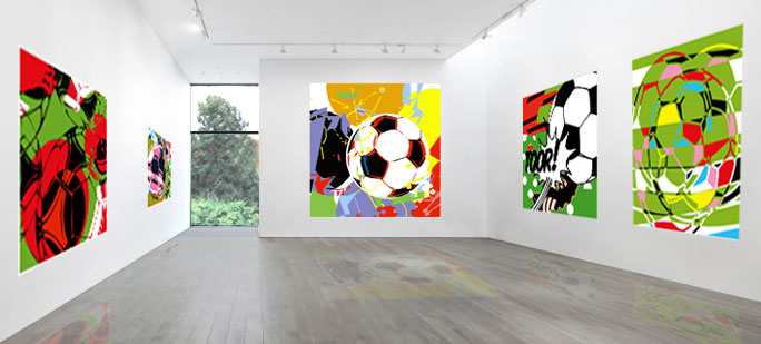 Die Galerie der Fußballkunst. Fussballbilder gemalt in Acryl auf Leinwand. Kunst mit Fussball im Stil der Pop Art von Rod Neer.